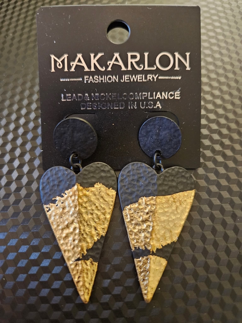 Makarlon Black and Gold Textured Heart Drop Earrings